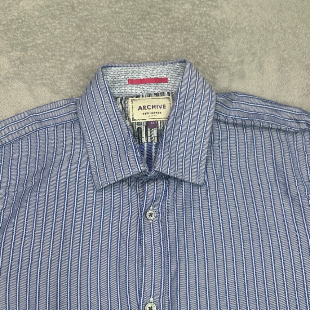 Ted Baker Archive Shirt Mens Size 16 Blue Striped Preppy Long Sleeve Herringbone - Picture 3 of 15